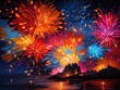 Illustration with colorful multi-colored fireworks on the seashore.