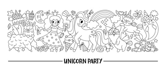 Wall Mural - Vector horizontal black and white set with cute characters for unicorn party. Fairytale line card template design for banners, invitations, postcards. Magic fantasy world border coloring page.