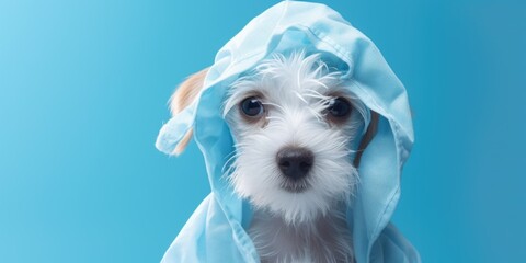 Poster - Cute small white dog wearing a blue raincoat, perfect for pet products advertising