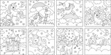 Fototapeta Panele - Vector black and white unicorn scenes set. Square backgrounds collection with little horse. Fantasy world line illustrations with rainbow, castle, magic forest, half moon, cloud, garden.