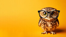 Great Horned Owl Wearing Eye Glass Sitting On A Blank Yellow Background