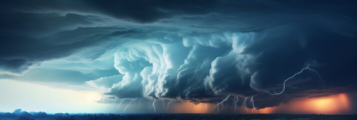 Wall Mural - dramatic huge clouds of thunderstorm on sky with sunset