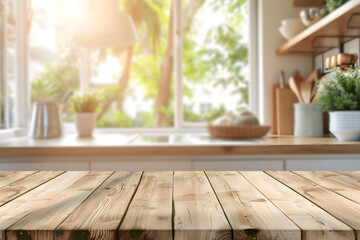 Empty wood table and blur modern kitchen interior background.