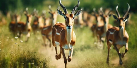 Wall Mural - A herd of antelope running down a dirt road. Suitable for nature and wildlife themes