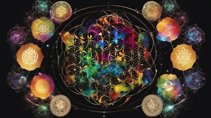 Wall Mural -  lights __A sacred geometry art with a flower of life and chakra icons. The art has a black background  