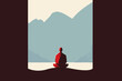 Tibetan Buddhist monk meditating outdoor in nature, sitting in front of a mountain range. Artistic concept, beautiful vector illustration in minimalist flat design.
