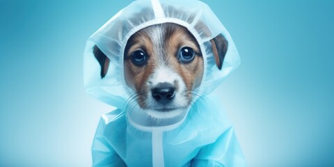 Poster - Adorable small dog wearing a blue raincoat, perfect for pet-related designs