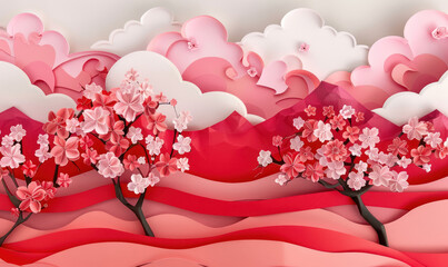 Wall Mural - elegant paper art with cherry blossoms and clouds in shades of pink and red