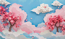 Serene Paper Cutout Art Of Cherry Blossom Trees Against A Blue Sky