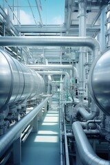 Wall Mural - A view of pipes and valves in a large industrial building. Perfect for industrial and engineering concepts