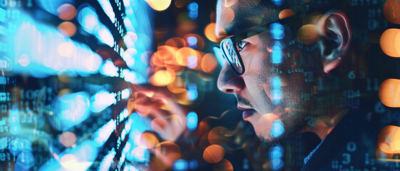 Wall Mural - a focused man engages with dynamic digital data streams in a neon-lit tech environment.