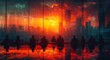 A mesmerizing sunset casts a warm glow over a group of artists, their silhouettes reflecting against the vibrant cityscape as they gather for inspiration in the great outdoors