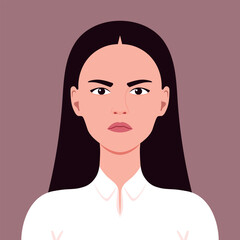 Wall Mural - Portrait of an angry young woman. Symbolizes facial expression of an anger, gloomy and wrath. Vector illustration.