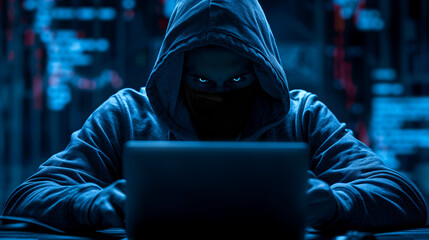 Hooded hacker with glowing eyes intensely focused on a laptop screen, suggesting cyber security threats
