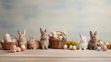 Rabbits on wooden floor. The basket with colorful Easter eggs. easter banner