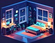 isometric lofi bedroom at night