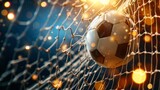 Fototapeta Fototapety sport - Soccer ball breaks the soccer net with copyspace for text