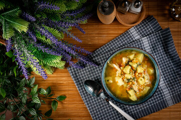 Sticker - Barley soup with vegetables and chicken.