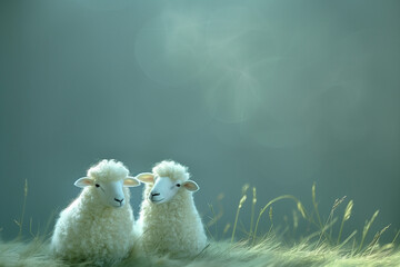 Wall Mural - Against a lush green backdrop, two fairytale sheep recline on the soft grass,inviting viewers into a realm where imagination and nature seamlessly intertwine.