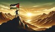 © Interior Design - Illustration of a silhouette of a triumphant man, standing on the peak of a mountain, waving the flag of Palestine. AI Generated