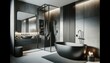 © Interior Design - A sophisticated bathroom design emphasizing a matte black bath as the focal point. AI Generative.
