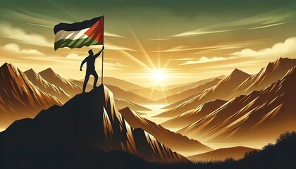 Illustration of a silhouette of a triumphant man, standing on the peak of a mountain, waving the flag of Palestine. AI Generated
