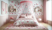 A Dreamy Bedroom Inspired By Pink Butterflies, Featuring A Whimsical Butterfly Net Canopy And Decorative Pink Butterfly Figurines Displayed On Floating Shelves. AI Generated
