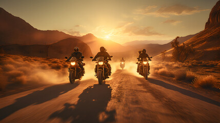 Wall Mural - three motorcycle riders traveling down a desert road at sunset