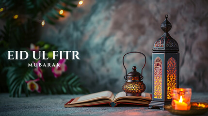 Wall Mural - Happy Eid ul fitr background Ornamental Arabic lantern glowing - Eid Mubarak