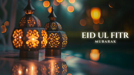 Wall Mural - Happy Eid ul fitr background Ornamental Arabic lantern glowing - Eid Mubarak