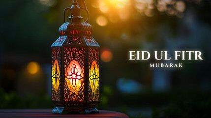 Wall Mural - Happy Eid ul fitr background Ornamental Arabic lantern glowing - Eid Mubarak