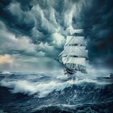 A sailing ship braving turbulent waters, caught in the midst of a storm, yet with a glimpse of clear skies and a distant shoreline ahead, symbolizing perseverance in the face of challenges.
