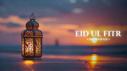 Wall Mural - Happy Eid ul fitr background Ornamental Arabic lantern glowing - Eid Mubarak