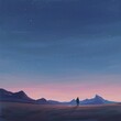 A lone traveler crossing a vast desert under a twilight sky, with a distant mountain range on the horizon signaling the continuation of their journey. 