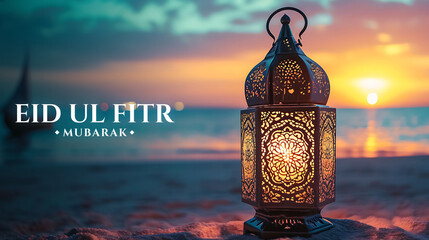 Wall Mural - Happy Eid ul fitr background Ornamental Arabic lantern glowing - Eid Mubarak