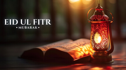 Wall Mural - Happy Eid ul fitr background Ornamental Arabic lantern glowing - Eid Mubarak