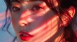 A stunning portrait captures the alluring gaze of a woman with red lipstick and brown eyes, showcasing the intricate details of her human face with defined eyebrows, full lips, and long eyelashes ado