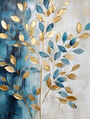 Wall Mural - A painting featuring intricate gold leaves depicted on a rich blue background, creating a striking contrast and elegant visual appeal.