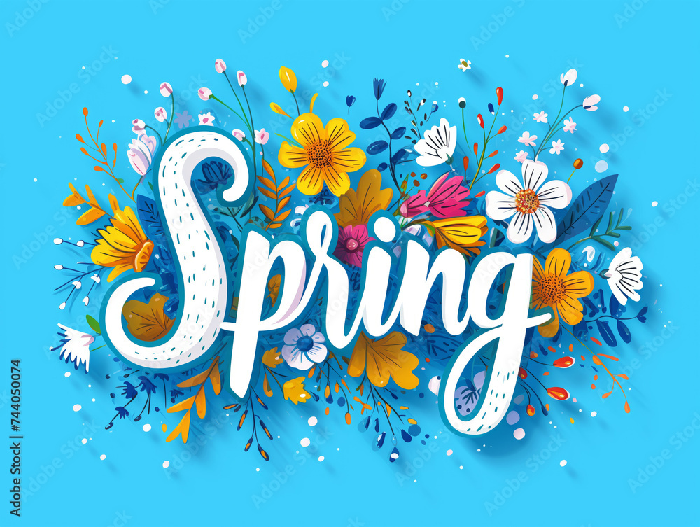 Joyful Spring logo with an explosion of flowers on blue background ...