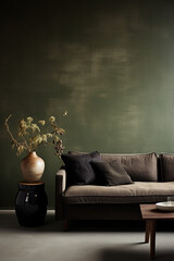 Wall Mural - Interior of modern living room with brown sofa, blank green wall, coffee table and vase