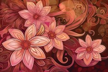 Pink Flowers Blooming On A Swirling Brown And Beige Abstract Background. Swirling Patterns And Curves Envelop The Flowers, A Mixture Of Brown And Beige Tones