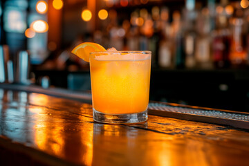  Elegant cocktail on bar counter, background for menu and special offers