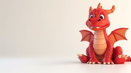 Wall Mural - Cute and friendly red dragon sitting on a white background. The dragon has a big smile on its face and is looking at the camera.