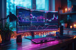 Night office of a company of traders with monitors with graphs and charts