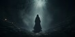 The emergence of a sinister nun from darkness as her figure undergoes a eerie transformation on a mysterious path. Concept Horror, Thriller, Mystical Transformation, Sinister Nun, Mysterious Path