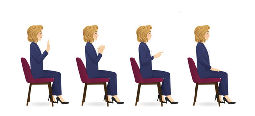 Wall Mural - Elegant beautiful business woman sitting in the chair side view different gestures set isolated vector illustration