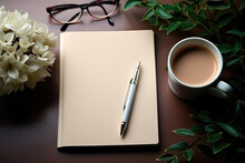 Notepad And Pen On Desk, Glasses, Cappuccino Cup And Flowers. Flat Lay