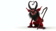 3D rendering of a red devil with black horns and beard holding a staff with a curved top.