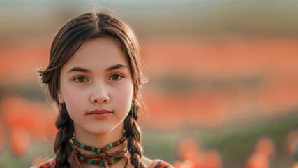 Wall Mural - A teenage Kazakh girl on a blurred background of a blooming steppe. portrait close-up. copy space.