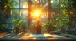 A thriving houseplant sits in a flowerpot on a table, basking in the warm sunlight pouring through the window, as if it were in a greenhouse during a beautiful sunrise